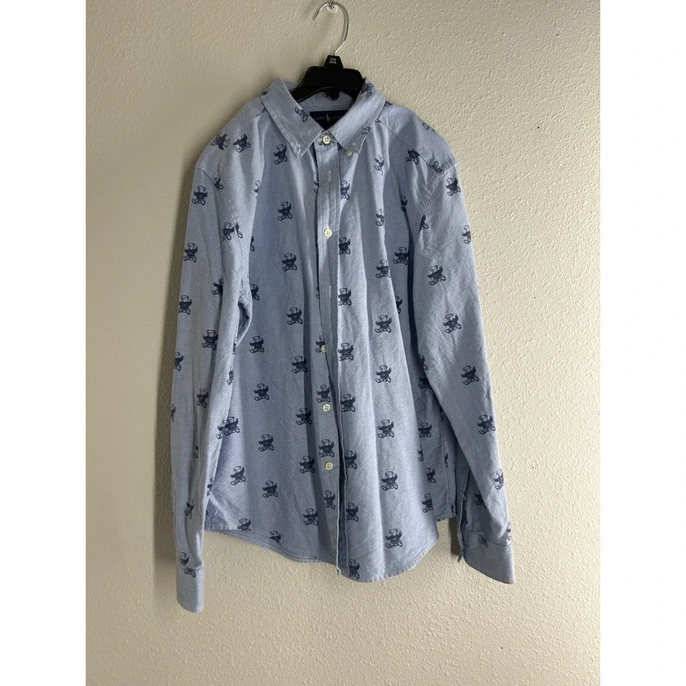 Ralph Lauren Boys Shirt Polo Bear All Over Print ButtonDown Blue Oxford LG 14/16